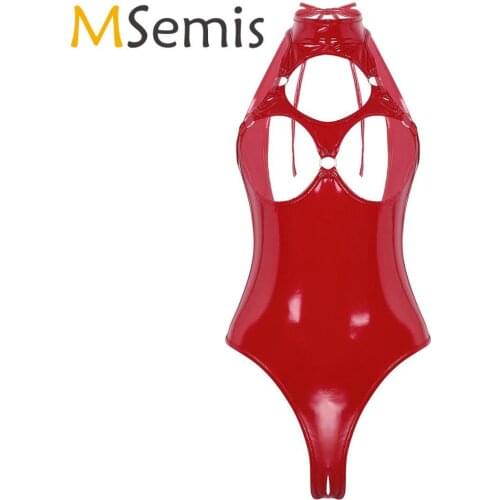 Club Wear Womens Porno Body Lingerie Wet Look Leather Bodysuit Nightwear Erotic Fetish Open Cups Crotchless Latex Thong Catsuit