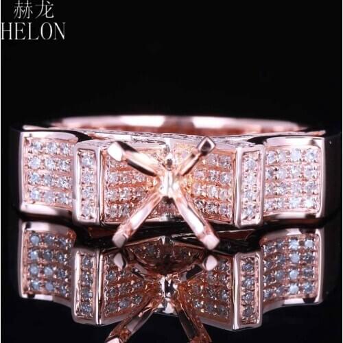 HELON Women Diamonds Ring Solid 14K Rose Gold 0.45ct Natural Diamonds Semi Mount Engagement Wedding Ring Setting Round Cut 6mm