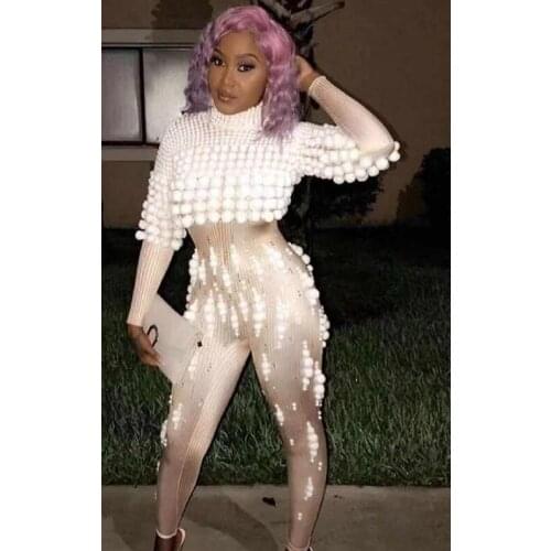 White Small Balls Jumpsuit Christmas Show Stage Wear Female Singer Costume Womens Outfit Rompers Birthday Celebrate Clothing