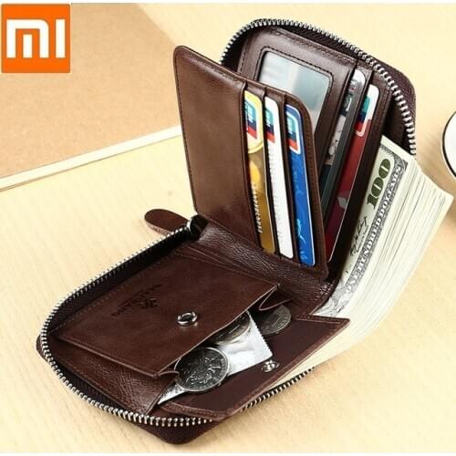 Xiaomi multifunctional Mens Genuine Leather wallets fashion zipper Male Purse Coin Pocket Photo Card Holder