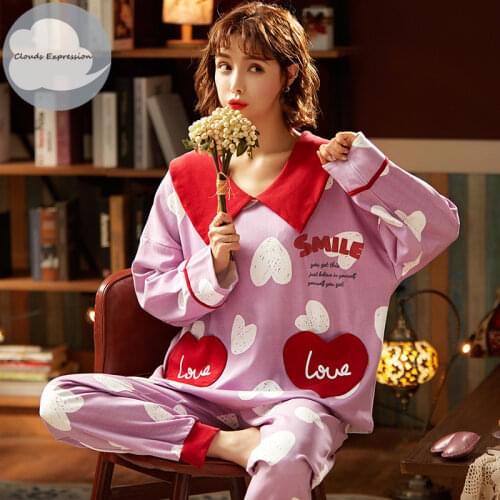 Spring Autumn Long Sleeved Womens Sleep Lounge Pajama Lady Pajama Sets Cartoon Pyjamas Cotton Sleepwear M-2XL Fashion Homewear