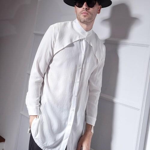 Long-sleeved shirt men slim chic Korean trend shirt mens fashion net red stand collar wear large-sized trend in the long