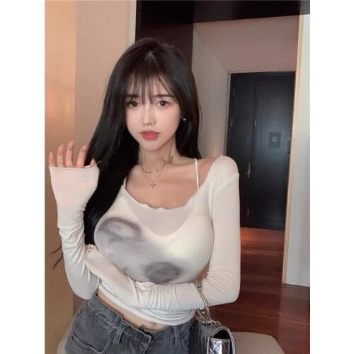 Tie Dye White Summer Top Y2k Designer Clothes Long Sleeve Tulle Edible Tree Fungus Women Tops And Bloues 2021 Sexy Crop Top