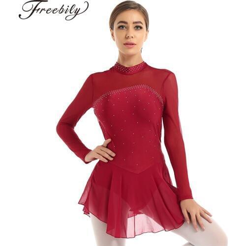 Women Shiny Rhinestone Mesh Long Sleeve Figure Skating Dress Ballet Dancewear Gymnastics Leotard Competition Performance Costume