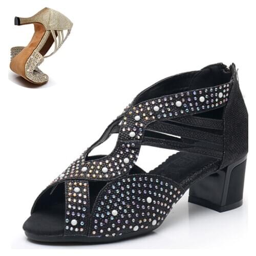 Women Rhinestion Latin Dance Shoes Balck Red Bachata Salsa Dancing Sheos for Wedding Party Girls Soft Sole Ballroom Dance-shoes
