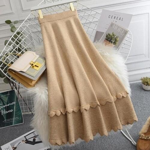 2021 Autumn Winter Fashion Long Skirts Women Patchwork Ruffle High Waist Skirt Knitted Sweater Skirt Female Jupe Femme Y687