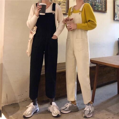 Autumn Korean women jumpsuit loose solid color thinner one-piece trousers high waist all-match straight college style overalls