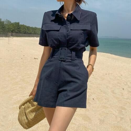 Women Two-piece Suit 2021 Summer Korean Temperament Slim Body Short Lapel Tops and High Waist Sashes Shorts Female Solid Sets