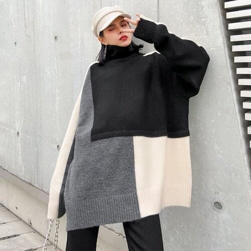 Plus-size womens turtleneck autumn/winter lazy wind pullover medium length patchwork base sweater
