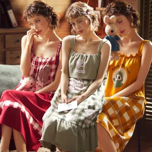 100% Cotton Sexy Lingerie Spaghetti Strap Nightgowns Women 2020 Summer Casual Plaid Sleepwear Nightdress Night Dress Home Nighty
