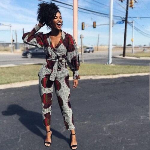 African Clothing Ankara Printed For Women V Neck Autumn Long Sleeve Jumpsuit Cropped Pants Lady Office Elegant Romper Femme Robe