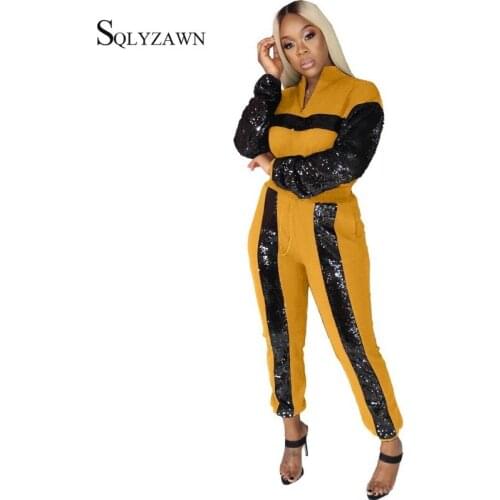 Glitter Black Sequins Stripe Patchwork Two Piece Tracksuit Set Womens Fall Winter Yellow Matching Casual Sport Outfit Plus Size