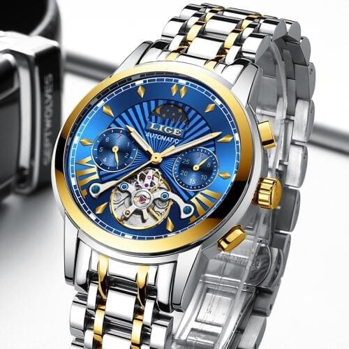 LIGE New Luxury Gold Automatic Mechanical Mens Watch Men Waterproof Diving Watches Luminous Stainless Steel Tourbillon Men Clock