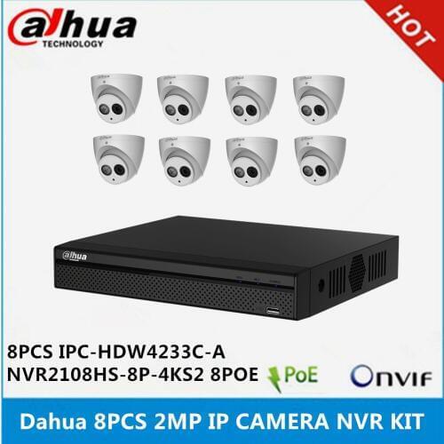 Dahua 8 pcs IPC-HDW4233C-A built-in MIC 2MP IP Camera & NVR2108HS-8P-4KS2 8ch with 8poe ports camera kit support p2p