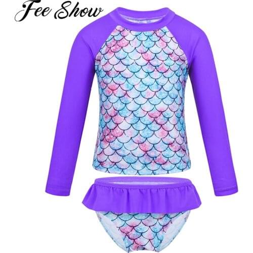 2pcs Kid Girls Tankini Swimsuit Beachwear Swimming Suit Long Sleeves Fish Scales Print Rashguard Swimwear Tops with Bottoms Set