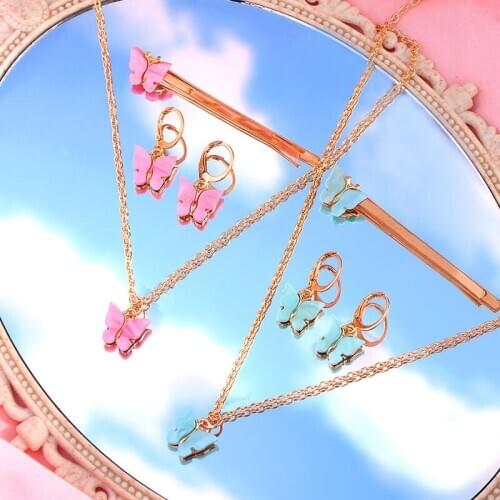 Flatfoosie Korean Cute Multicolor Acrylic Butterfly Pendant Necklace Earrings Hairpin Sets For Women 2020 Jewelry Set Gifts