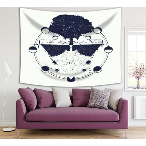 Tapestry Magic Tree Lunar Phases Future and Past, Life and Death Conceptual Artwork Dark Blue White