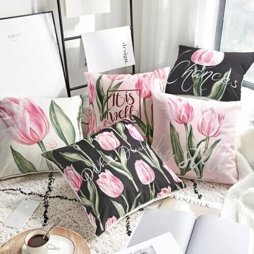 Cotton Linen Pillow Cover Country Style Peony Floral Pink Tulip Cushion Cover Home Decorative Pillow Case 45x45cm/60x60cm