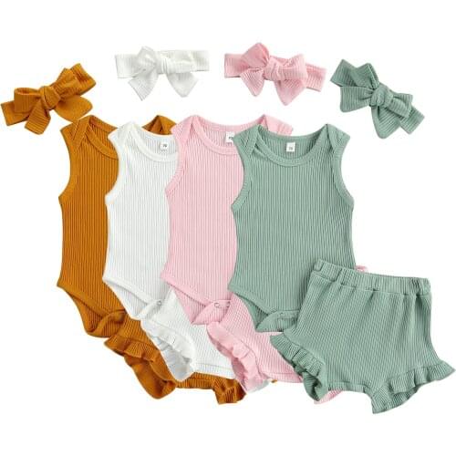 3 Pieces Kids Suit Set, Solid Color O-Neck Sleeveless Ribbed Romper+ Shorts+ Headband for Summer, 0-18 Months