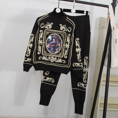 Red Black White Gray Rivet Embroidery Knitted Tracksuits Set Women Loose Pullover Sweater Pencil Pants Two Piece Outfits Female