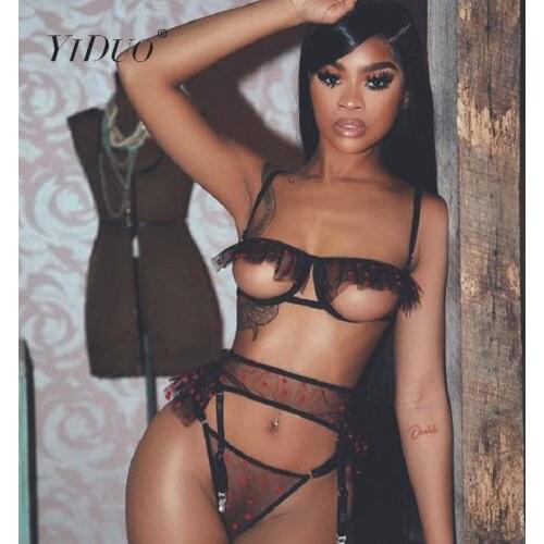 YiDuo Sexy Polka Dot Lingerie Women Ruffle Underwear Set Transparent Womens Black Lace Bra 3 Piece Set Lingerie Club Hot Erotic