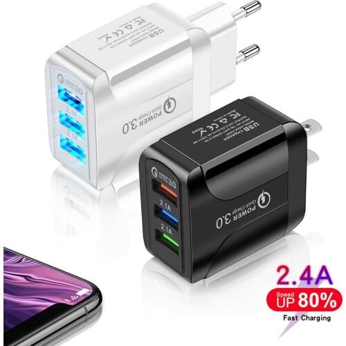 Mobile Phone USB Charger, Universal 5V Adapter, 3 USB Ports, PC Power Supply, UK / EU / US, QC3.0, for iPhone, Xiaomi and Huawei