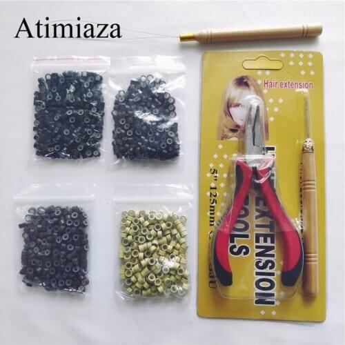 Hair Extensions Tool Set 2Pcs Pulling Hook Needle + 1Pc Holes Pliers + 200Pcs Silicone Micro Rings Beads Hair Styling Tool