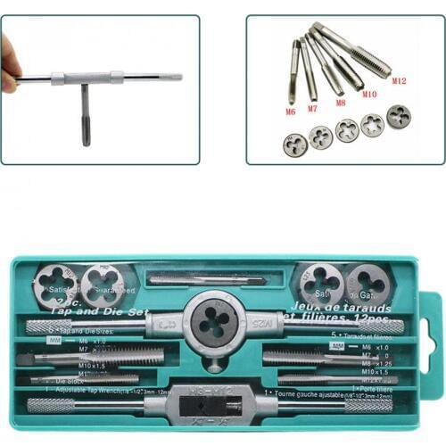 12pcs/lot Hand Taps Metric Handle Tap and Die Set M3-M12 Adjustable Wrench Screw Thread Plugs Straight Taper Drill Repair Kits