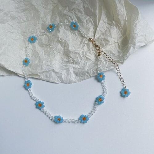 Origin Summer Korean Vintage Blue Crystal Flower Chokers Necklace for Women Transparent Beaded Necklace Jewelry Accessories