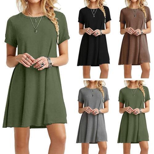 Women Solid Green Brown Dress Short sleeve female casual Loose dresses chic knee length vestidos