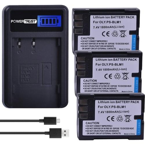 PowerTrust 3Pcs PS-BLM1 BLM1 BLM-1 Battery + LCD USB Charger for Olympus C-5060 C-7070 C-8080 E-1 E-3 E-30 E-520 EVOLT E-300
