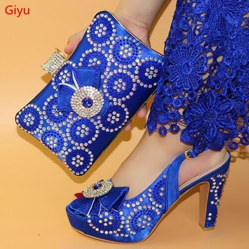 Doershow Direct sales blue Shoe And Bag Set African party Shoe And Bag Sets Italy Women Shoe And Bag To Match For party HLO1-52