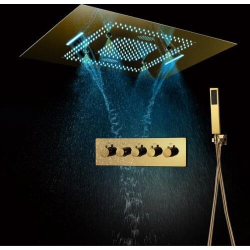 Luxury Large Polished Gold Rain Shower System Thermostatic Bathroom Faucet Ceiling 23"x31" LED Shower Head Concealed Mixer Brass