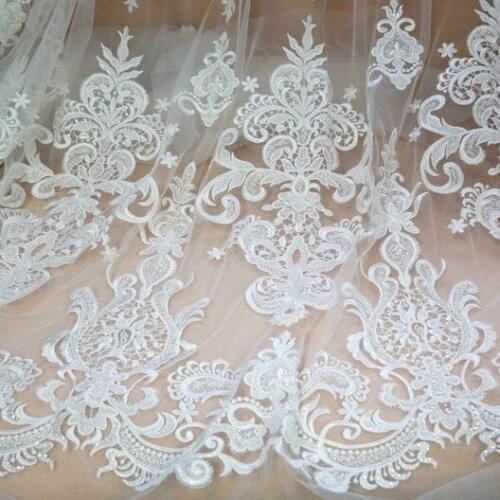 1 Yard Luxury 3D Lace Embroidery Bridal Beaded Lace Fabric Ivory Pearl With Clear Sequins For Wedding Evening Show Dress Prom