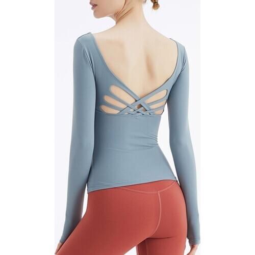 Backless Sport Shirts Cross Back Sexy Women Long Sleeve Yoga Top Padded Fitness Gym Wear Workout Running Clothes
