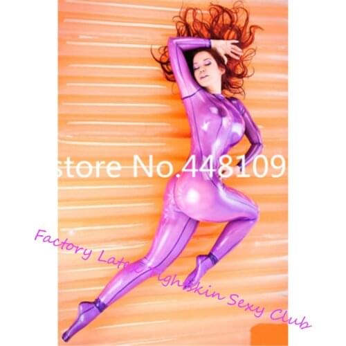 Sexy Latex Rubber Transparent Purple Bodysuit with Socks Catsuits Back Zipper from Neck to Waist lingerie bodysuit Custom Made
