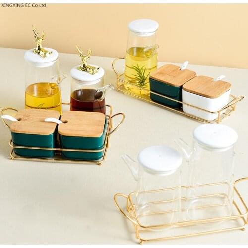 Nordic Ceramic Glass Seasoning Pot Kitchen Household Combination Glass Oil Pot Seasoning Box Bottle Simple Ceramic Seasoning Pot