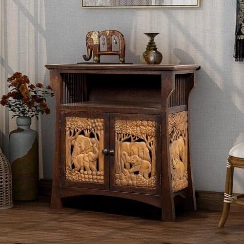Thailand Solid Wood Entrance Cabinet Southeast Asia Elephant Hollow Carved Curio Cabinet Vintage Locker Sideboard Cabinet
