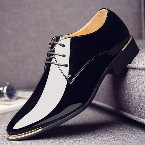 Men luxury Brand Classic Pointed Toe Dress Mens Lace up Patent Leather Black Wedding Oxford Formal Shoes Big Size 38-48
