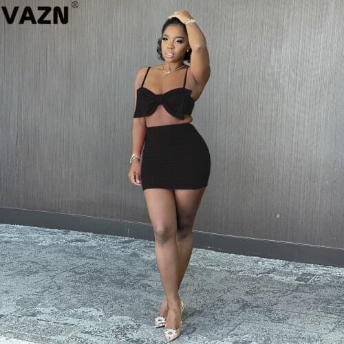 VAZN 2021 Summer Special Holiday O-neck Two Piece Set Bandage 2 Piece Set Women Sleeveless Top And Pant Autumn