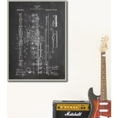Flute Patent Print Vintage Poster Music Room Wall Art Decor Flute Blueprint Art Canvas Painting Wall Pictures Musician Gifts