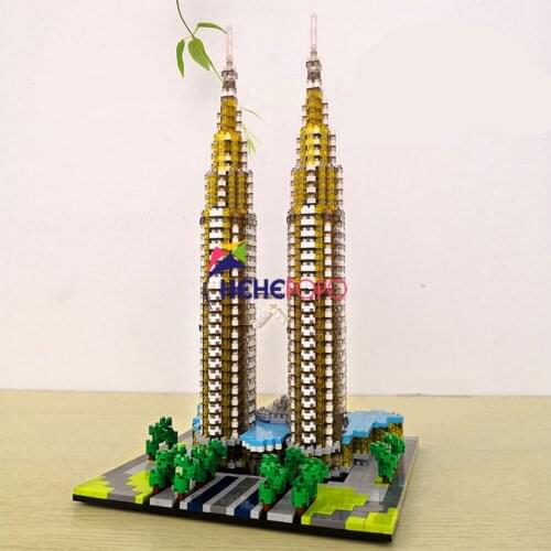 YZ 057 World Famous Architecture Twin Tower 3D Model DIY Mini Diamond Blocks Building Toy for Children No Box