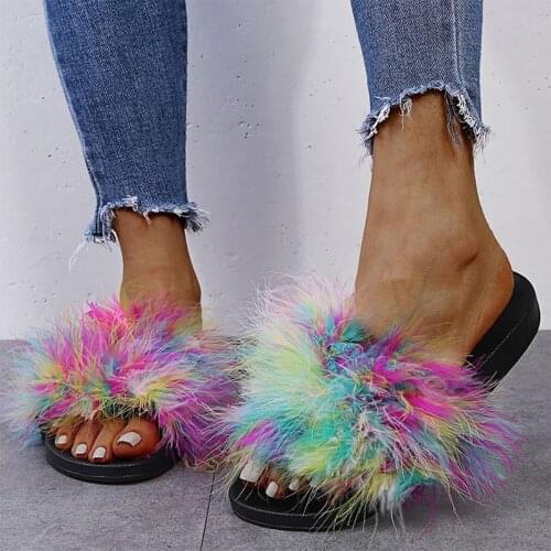 Outdoor Furry Women Fur slippers Large Size Fashion multicolor Flat Designer slippers Non-slip casual shoes