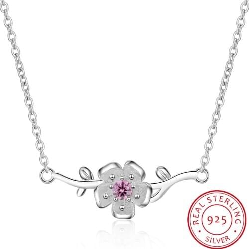 New Fashion 925 Sterling Silver Pink Zirconia Blossom Cherry Flower Branch Pendant Necklace For Women choker