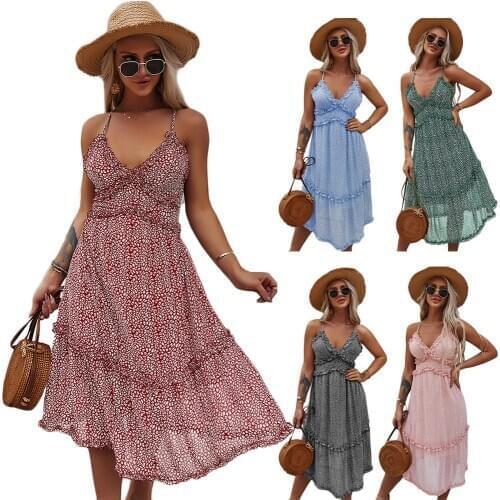 Woman Summer Floral Ruffled Sling Vacation Dress 2021 Beach Casual Loose Boho Dresses Female Sleeveless Holiday Long Dress XL