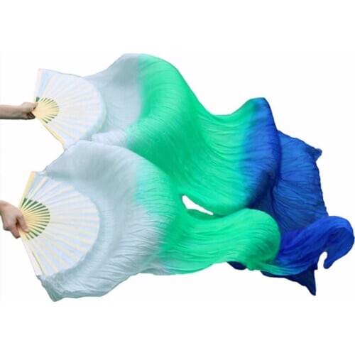 100% Silk Belly Dance Fans 1Pair Belly Dancing Long Fans Dance Performance Props White+Green+Royal blue 150/180x90cm Silk Fans