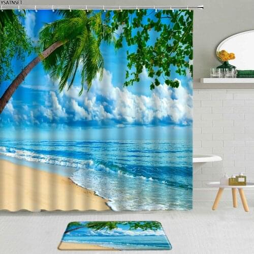 2Pcs Seaside Scenery Shower Curtain Beach Coconut Trees Waves Fabric Non-Slip Bath Mat Bathroom Set Hanging Curtains Home Decor