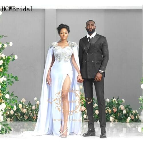 White Mermaid Evening Dress With Cloak High Slit Sliver Appliques South African Women Wedding Party Dresses Long Evening Gowns