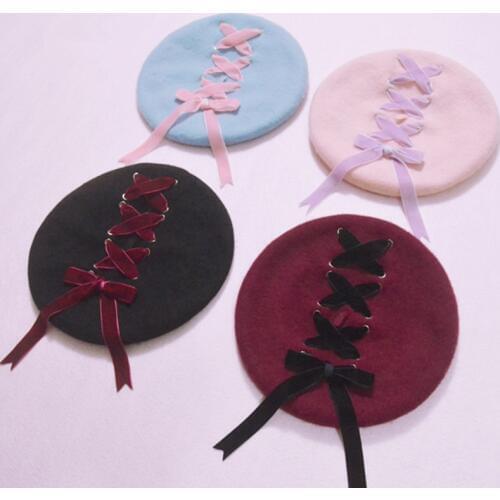 Women Sweet Cute Berets Female Hats Soft Macaron color Ribbon Woolen Lolita Beret Vintage Soft Straps Cross Bow Girls Berets