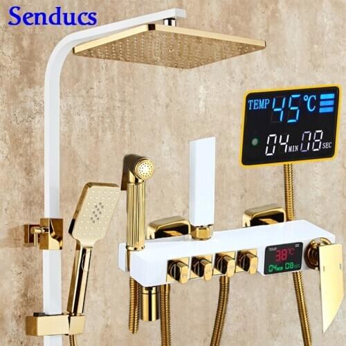 Digital Bathroom Shower System Senducs White Gold Bathroom Shower Faucet Inwall Mounted Rainfall Shower Head Thermostatic Shower